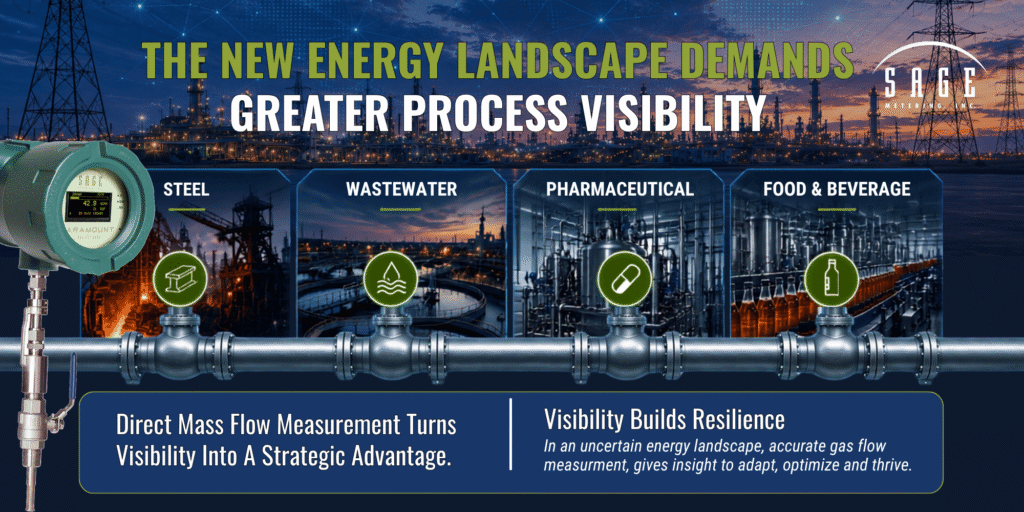 Sage Paramount thermal mass flow meter alongside images representing steel, wastewater, pharmaceutical, and food and beverage facilities, illustrating the need for gas flow visibility.