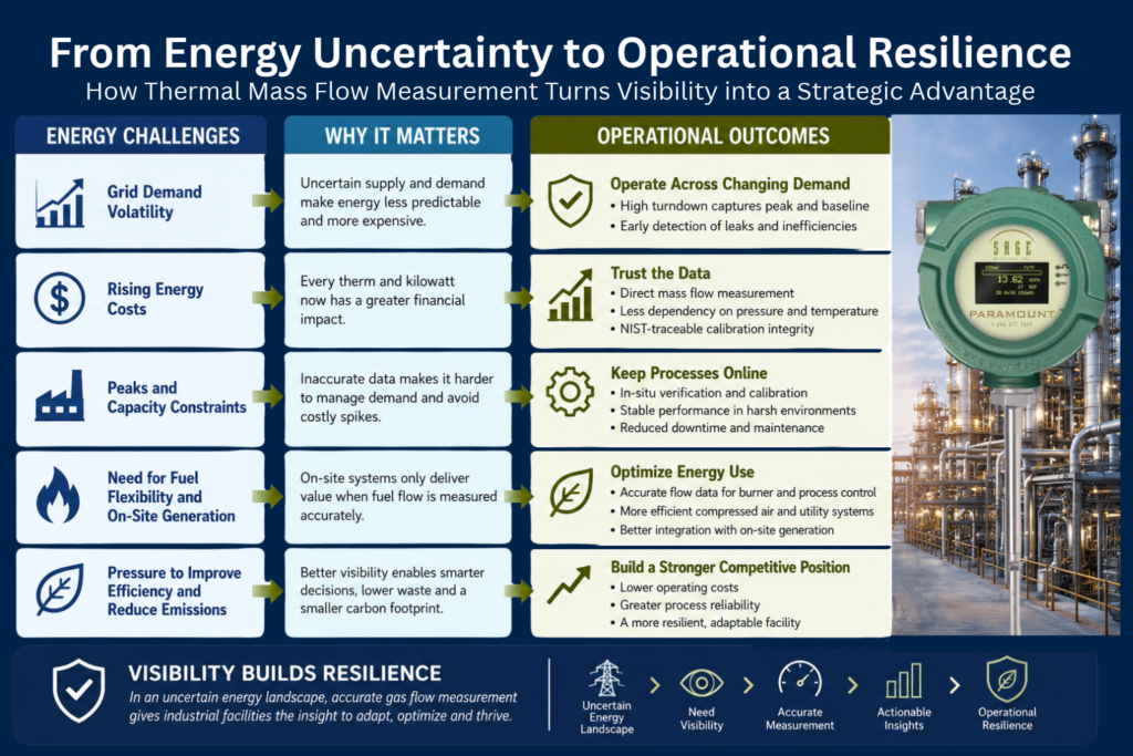 Infographic connecting industrial energy challenges—including grid volatility, rising costs, capacity constraints, and fuel flexibility—to the need for accurate flow data and outcomes such as optimized energy use and operational resilience.
