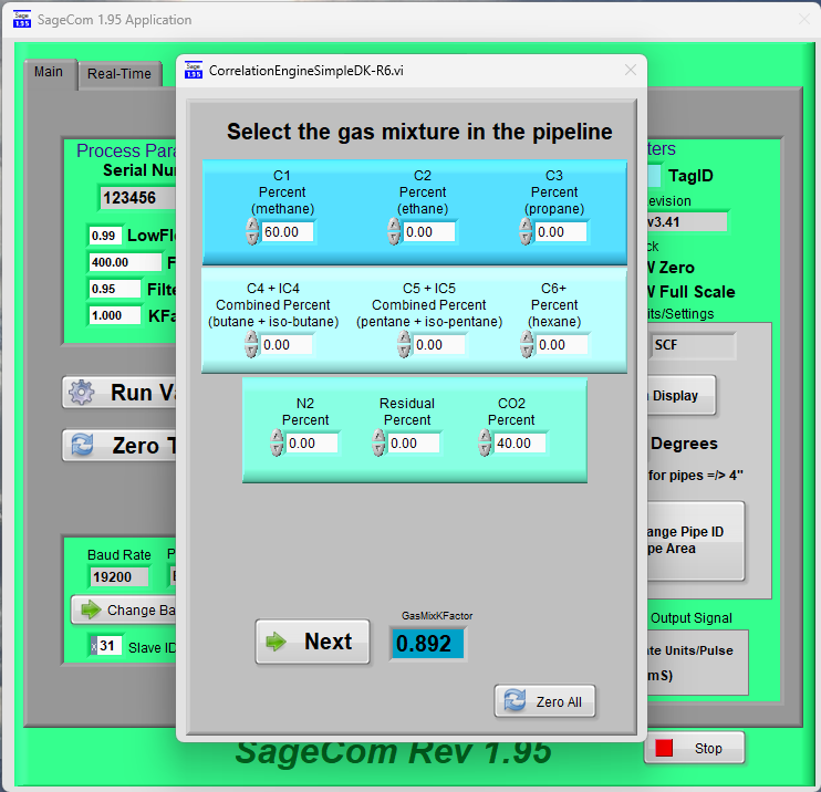 SageCom gas mixture screen showing fields for entering the percentages of gas components in a pipeline.