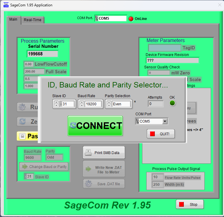 SageCom start screen showing the connection settings for meter ID, baud rate, parity, and COM port.